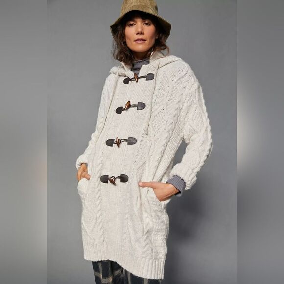 Anthropologie Nordic Hooded Cable-Knit Cardigan In Sand (Ivory) Size XS/S NWT - Picture 4 of 10